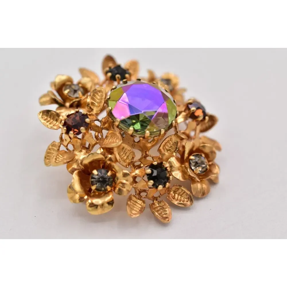 Vintage Austrian Crystal Pin Brooch Flower Gold Tone Aurora Borealis 1960s BinBI